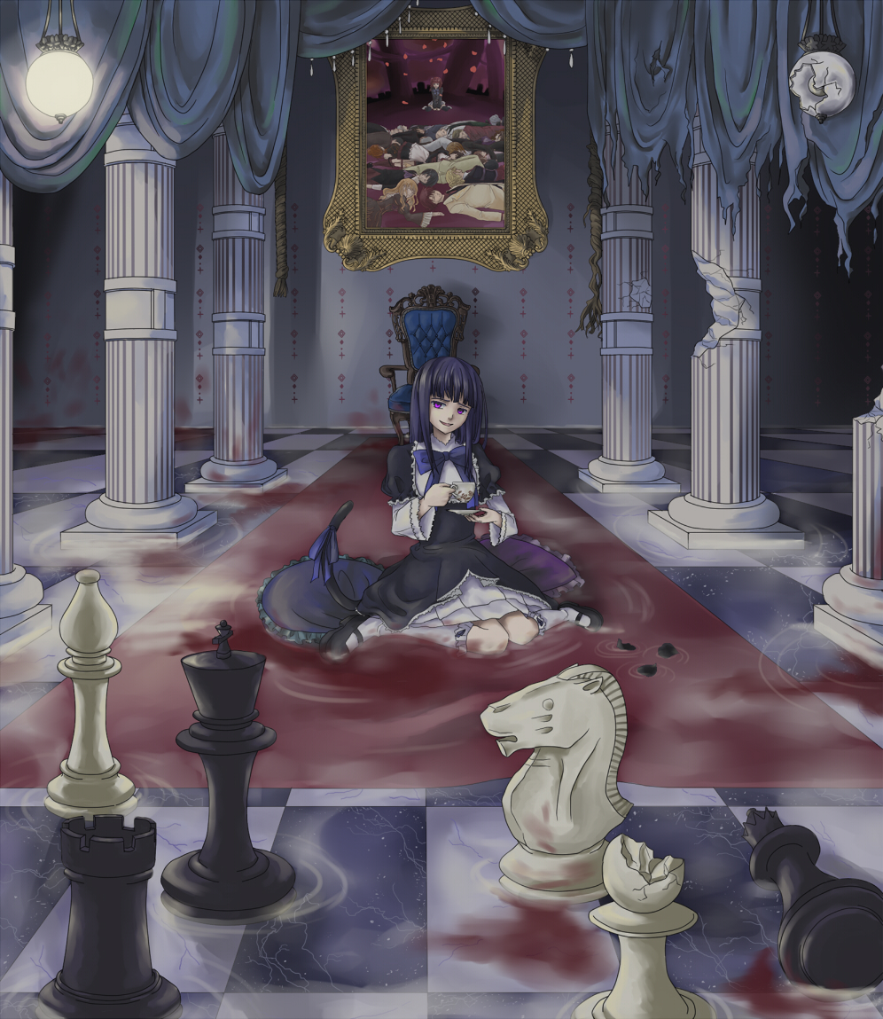 bekkourico blood blue_hair cat_tail chair chess column cup dress frame frederica_bernkastel gohda_toshiro gouda_toshirou kanon_(umineko) kneeling kumasawa_chiyo nanjou_terumasa painting_(object) pillar pillow pink_eyes portrait_(object) ribbon ripples ronoue_genji ruins saucer shannon sitting smile tail tail_ribbon tapestry teacup throne_room umineko_no_naku_koro_ni ushiromiya_ange ushiromiya_battler ushiromiya_eva ushiromiya_george ushiromiya_hideyoshi ushiromiya_jessica ushiromiya_krauss ushiromiya_kyrie ushiromiya_maria ushiromiya_natsuhi ushiromiya_rosa ushiromiya_rudolf wariza