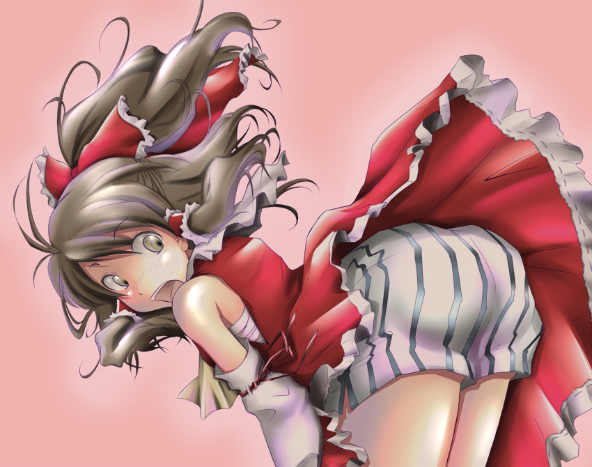 ao_usagi bow boxers brown_hair detached_sleeves hair_bow hakurei_reimu japanese_clothes miko panties sarashi solo striped striped_panties touhou underwear