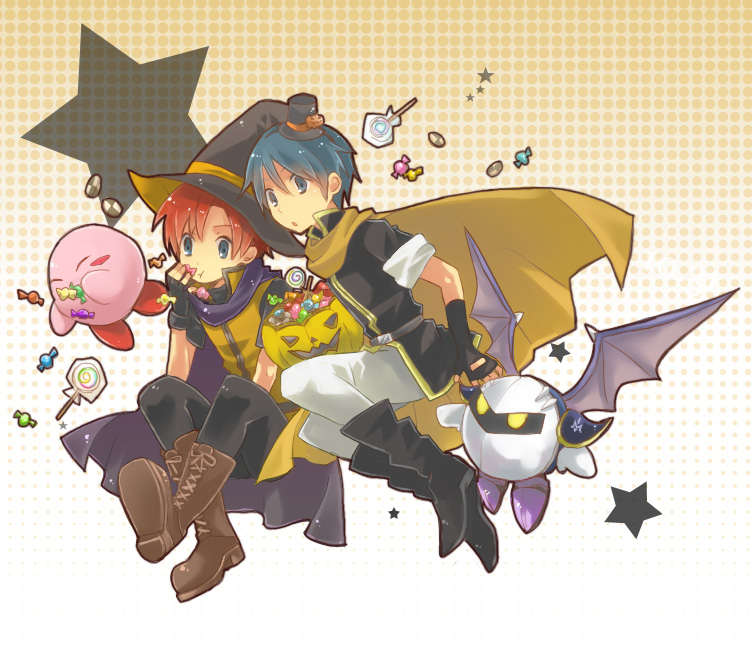 2boys blue_hair candy cape checkerboard_cookie cookie fire_emblem fire_emblem:_fuuin_no_tsurugi fire_emblem:_mystery_of_the_emblem fire_emblem_fuuin_no_tsurugi fire_emblem_heroes food halloween hat hoshi_no_kirby jack-o'-lantern jack-o-lantern kirby kirby_(series) male marth mask menoko meta_knight nintendo pumpkin red_hair redhead roy super_smash_bros. super_smash_bros_brawl super_smash_bros_melee wings yellow_eyes