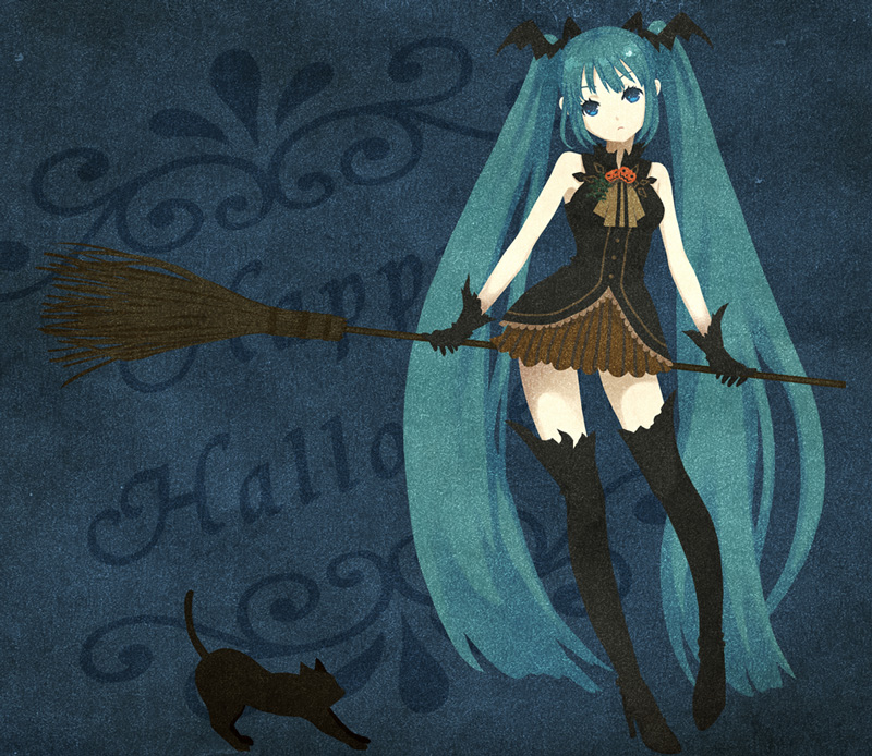 aqua_eyes aqua_hair blue_eyes blue_hair boots broom cat cilq dress gloves halloween hatsune_miku jack-o-lantern long_hair pumpkin skirt thigh-highs thigh_boots thighhighs twintails very_long_hair vocaloid zettai_ryouiki