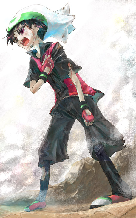 1boy alternate_costume black_hair blood cz-j fingerless_gloves gloves hat hurt male one_eye_closed pokemon pokemon_special red_eyes ruby_(pokemon) solo torn_clothes yuuki_(pokemon)