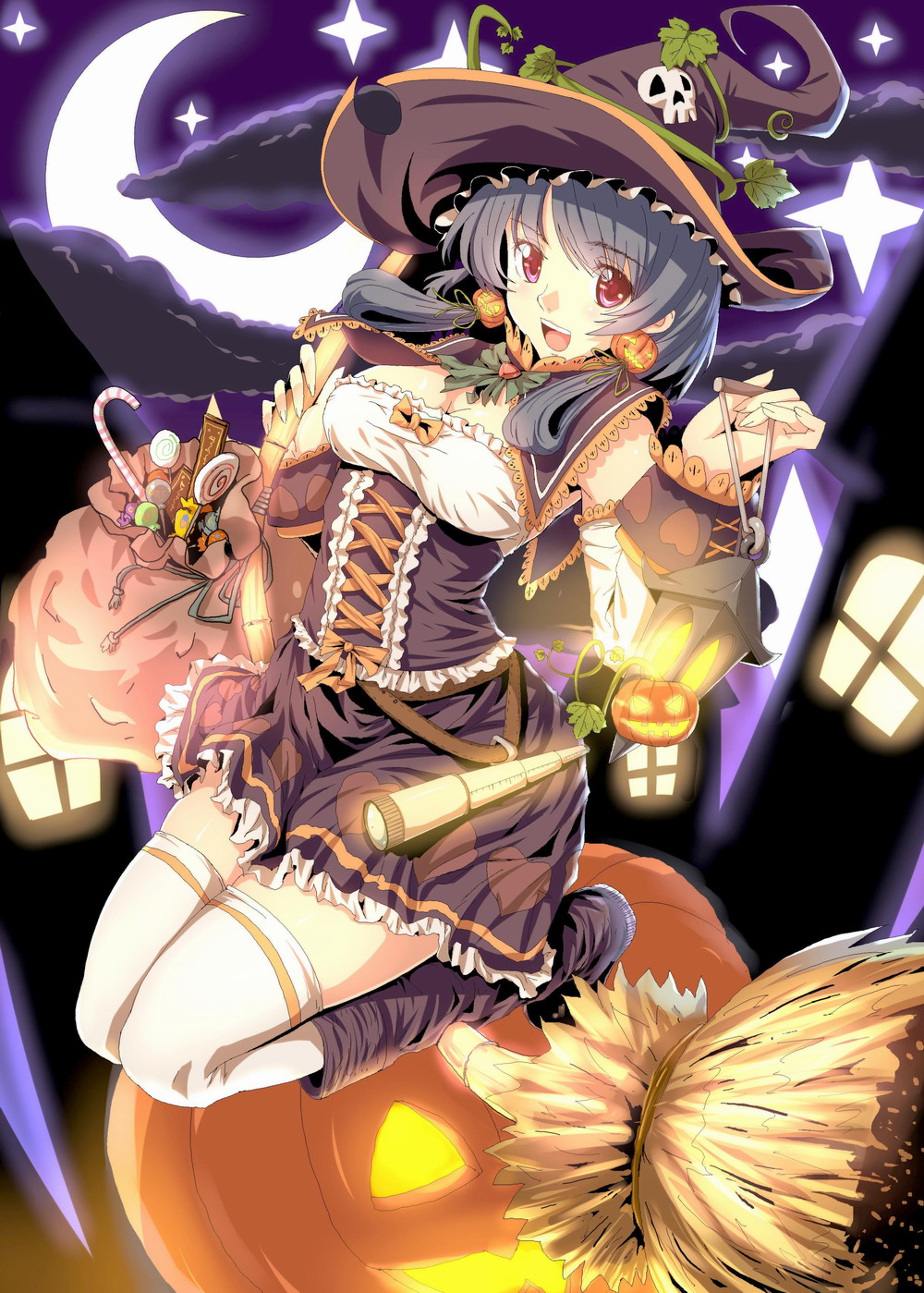 boots bow broom candy corset crescent crescent_moon earrings grey_hair halloween hat highres jack-o'-lantern jack-o-lantern jewelry night open_mouth pumpkin ryuuzaki_itsu solo star thigh-highs thighhighs twintails witch_hat