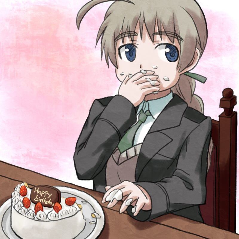 amino_(trude) bad_id blue_eyes braid breasts brown_hair cake eating food happy_birthday long_hair lynette_bishop pastry single_braid solo strike_witches