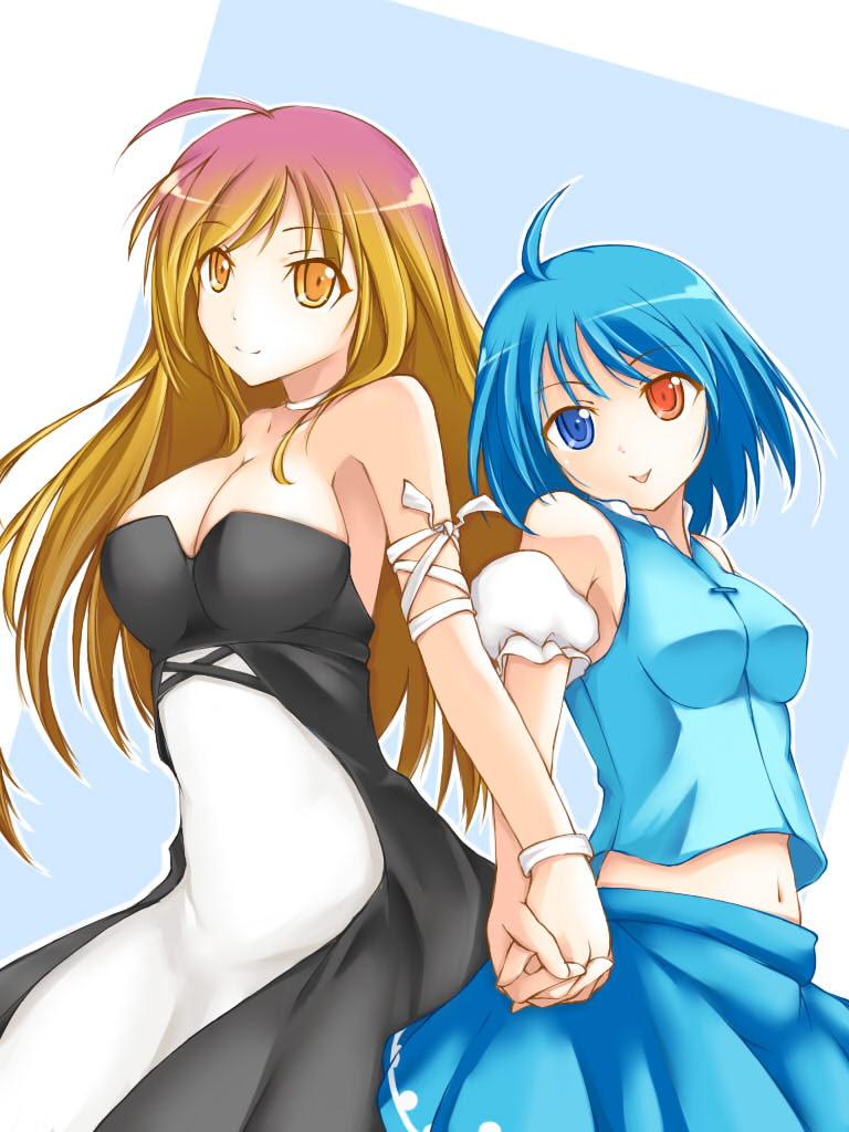 ahoge back-to-back bad_id blue_hair breasts brown_eyes cleavage dean hand_holding heterochromia hijiri_byakuren holding_hands multicolored_hair multiple_girls tatara_kogasa touhou