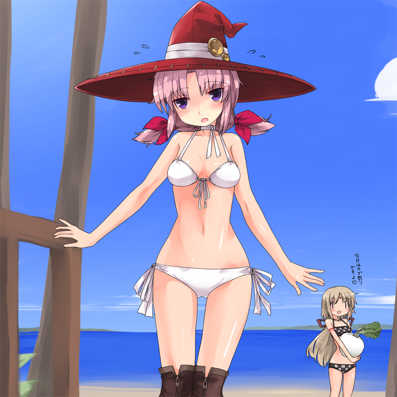 beach bikini boots hat kt2 melody_(rune_factory) mist_(rune_factory) multiple_girls ocean pink_hair purple_eyes rune_factory rune_factory_frontier swimsuit thighhighs translation_request turnip twintails violet_eyes water witch_hat