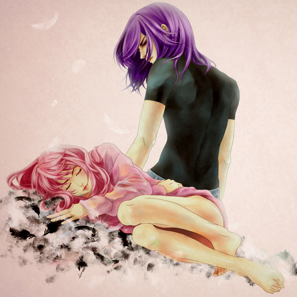 barefoot blush closed_eyes feathers feet feldt_grace gundam gundam_00 legs lips pink_hair purple_hair red_eyes sleeping ta_ko tieria_erde