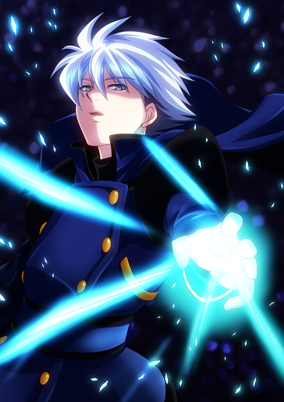 1boy blue_background blue_eyes coat energy keith_evans male psychic_force silver_hair solo wakana_(supernova0123)