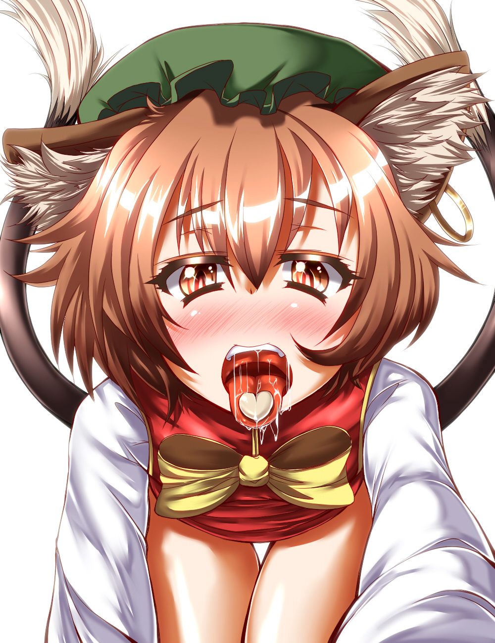 1girl all_fours animal_ears blush bottomless brown_eyes brown_hair cat_ears cat_tail chen heart highres looking_at_viewer mob_cap multiple_tails open_mouth saliva shirt solo tail tongue tongue_out touhou vest zan_(harukahime)