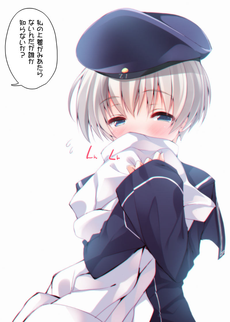 1girl blonde_hair blue_eyes blush hat kantai_collection mitsurugi_aoi personification sailor_collar short_hair smelling solo translation_request white_background z1_leberecht_maass_(kantai_collection)