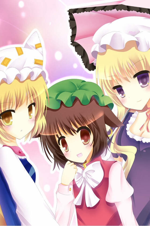 3girls amber_eyes brown_eyes cat_ears chen multiple_girls piercing touhou violet_eyes yakumo_ran yakumo_yukari