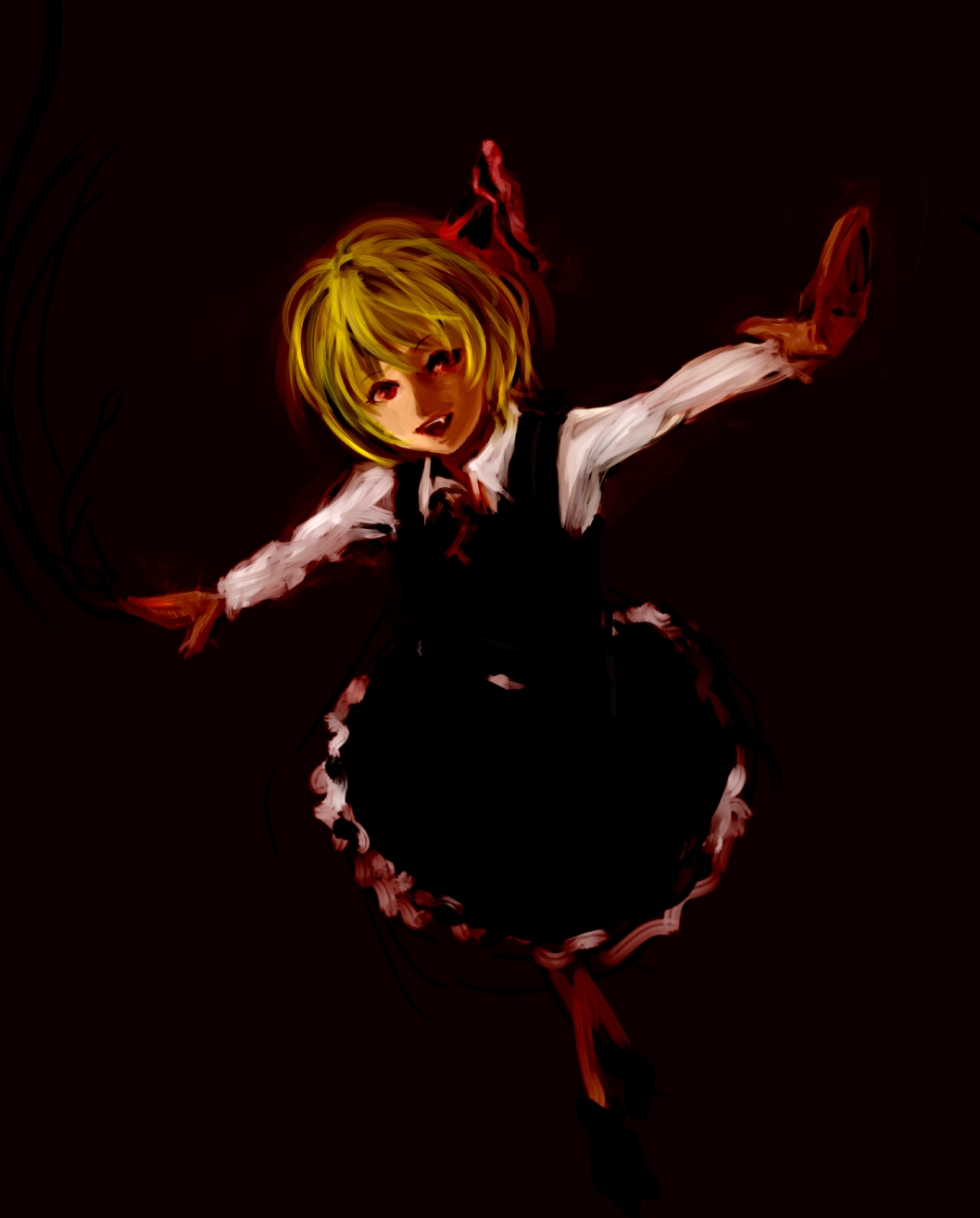 1girl black_background blonde_hair blouse dark darkness fang hair_ribbon highres lisitsa long_sleeves open_mouth outstretched_arms red_eyes ribbon rough rumia short_hair smile solo spread_arms touhou vest