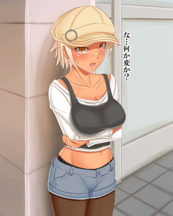 1girl alternate_costume blazblue blazblue:_chronophantasma blush breasts brown_eyes bullet_(blazblue) denim denim_shorts hat large_breasts scar shaito short_hair short_shorts shorts silver_hair solo tank_top thighs