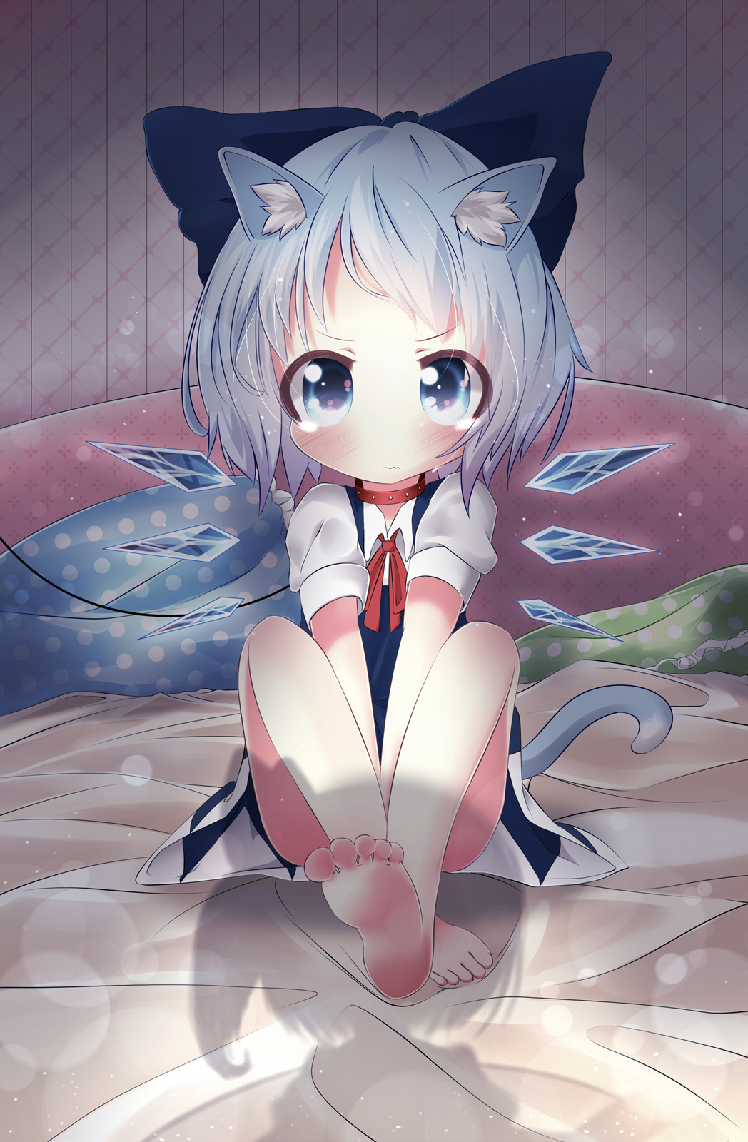 2girls akisha animal_ears bare_legs barefoot blue_dress blue_eyes blue_hair blush bow cat_ears cat_tail cirno collar daiyousei dress fairy_wings hair_bow hair_ribbon highres ice ice_wings kemonomimi_mode leash light_particles looking_at_viewer multiple_girls ominous_shadow on_bed pillow polka_dot puffy_sleeves ribbon shadow shirt short_sleeves side_ponytail sitting sitting_on_bed tail tears touhou v_arms wavy_mouth wings