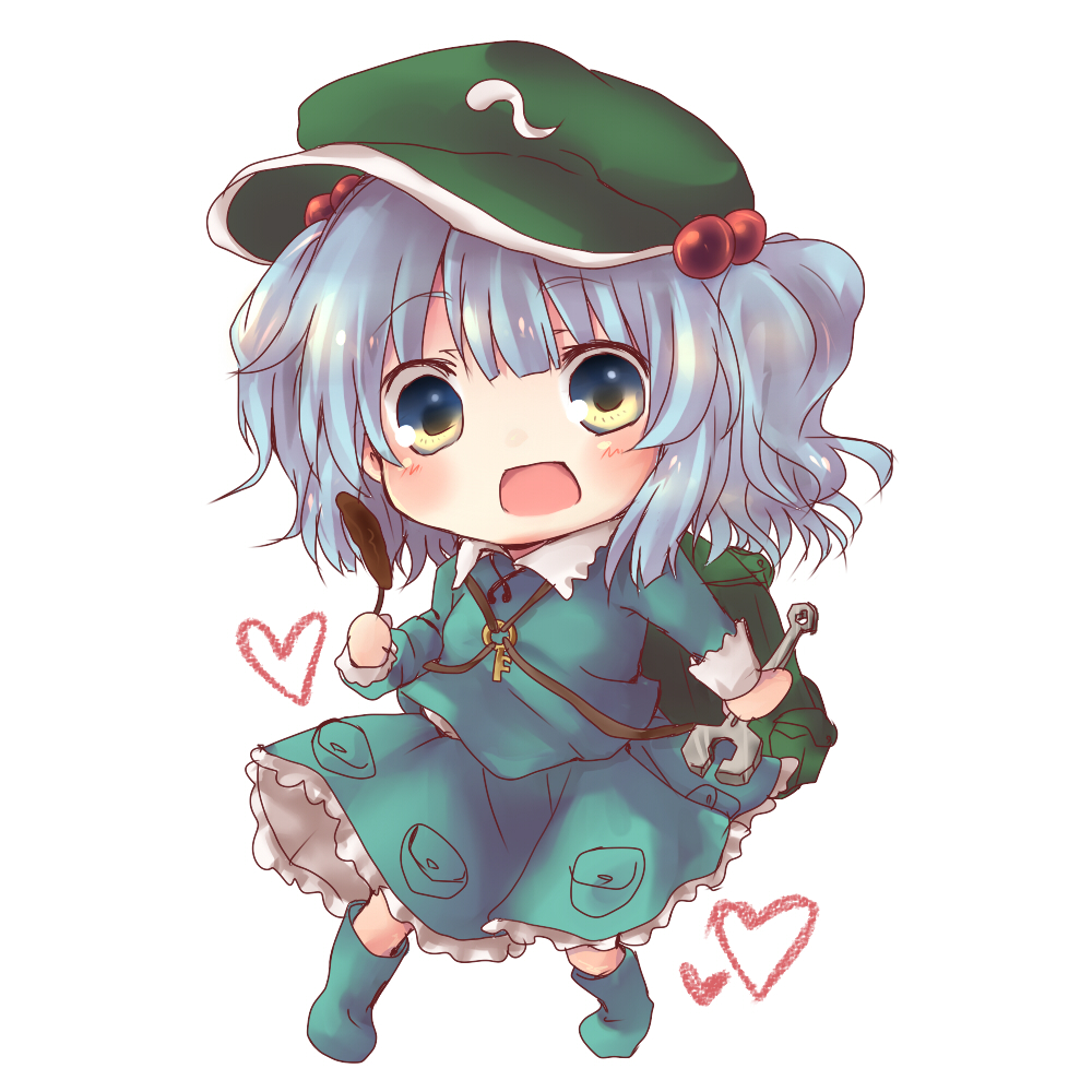 1girl :o backpack bag blue_eyes blue_hair blush blush_stickers boots cattail chibi dress frilled_skirt frills hair_bobbles hair_ornament hat heart kawashiro_nitori key kudukimii long_sleeves open_mouth plant pocket puffy_long_sleeves puffy_sleeves ribbon rubber_boots shirt short_hair short_twintails simple_background skirt skirt_set smile solo tools touhou twintails white_background wrench