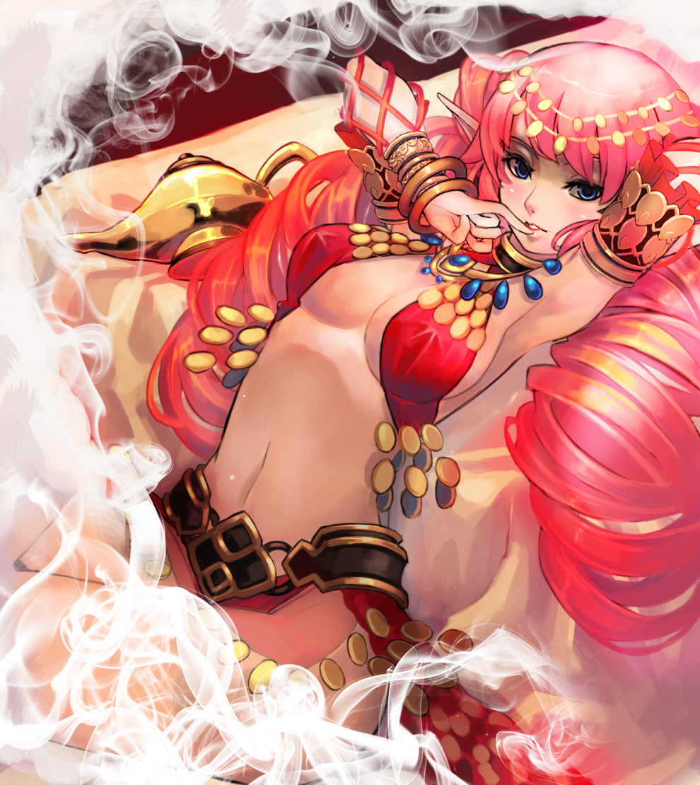 1girl arm_up armlet armpits blue_eyes bracelet breasts cleavage genie jewelry large_breasts long_hair looking_at_viewer navel oil_lamp original pink_hair pointy_ears qbspdl smile solo very_long_hair