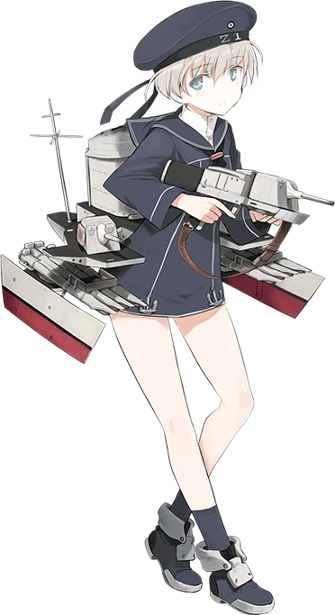 1girl ankle_boots blue_eyes boots full_body hat kantai_collection light_brown_hair no_pants official_art personification sailor_collar sailor_hat shimada_fumikane short_hair standing transparent_background weapon z1_leberecht_maass_(kantai_collection)
