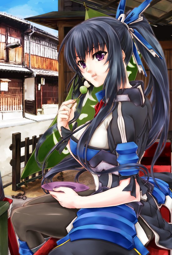 black_hair bodysuit breasts eating food honda_futayo kokuro-mion kyoukai_senjou_no_horizon large_breasts long_hair pantyhose ponytail violet_eyes wagashi