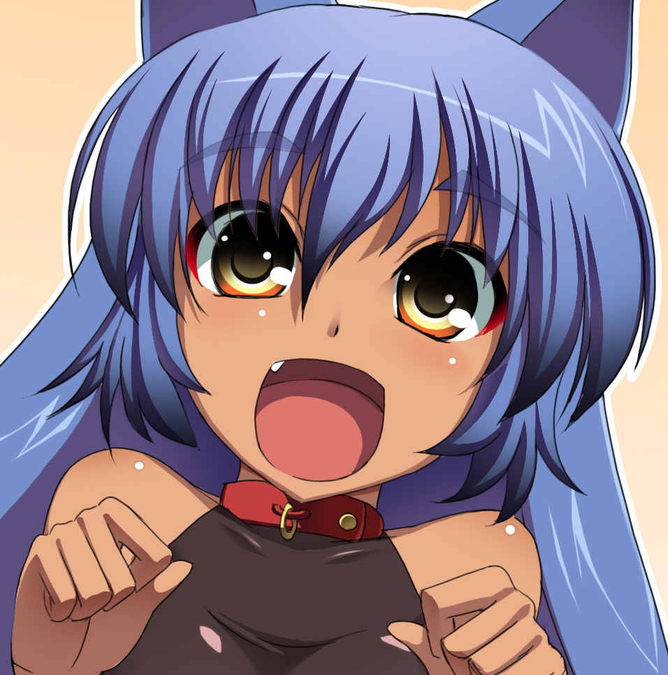 1girl animal_ears aoi_senri blue_hair breasts cat_ears kokuyouseki long_hair looking_at_viewer open_mouth original simple_background smile solo