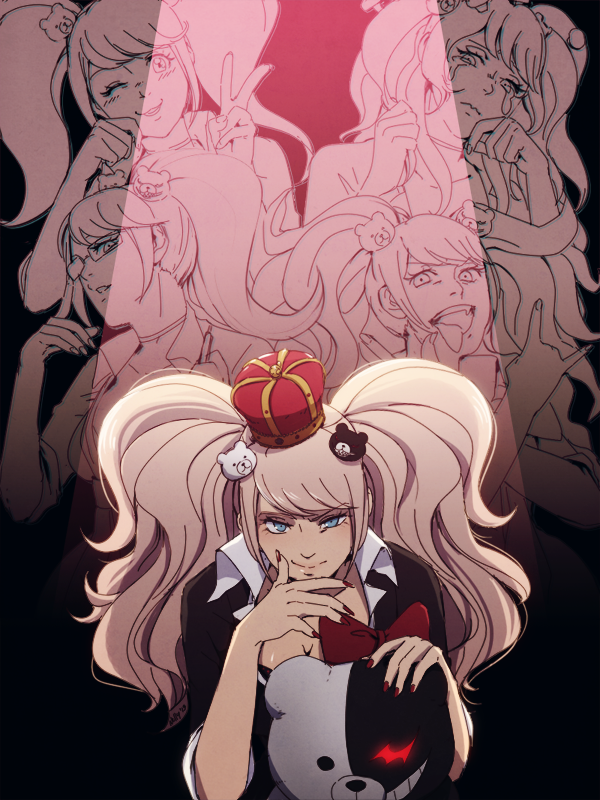 blue_eyes breasts cleavage crown crying dangan_ronpa dual_persona enoshima_junko glasses hair_ornament long_hair monokuma mushisotisis nail_polish necktie pink_hair school_uniform sleeves_rolled_up smile spoilers twintails