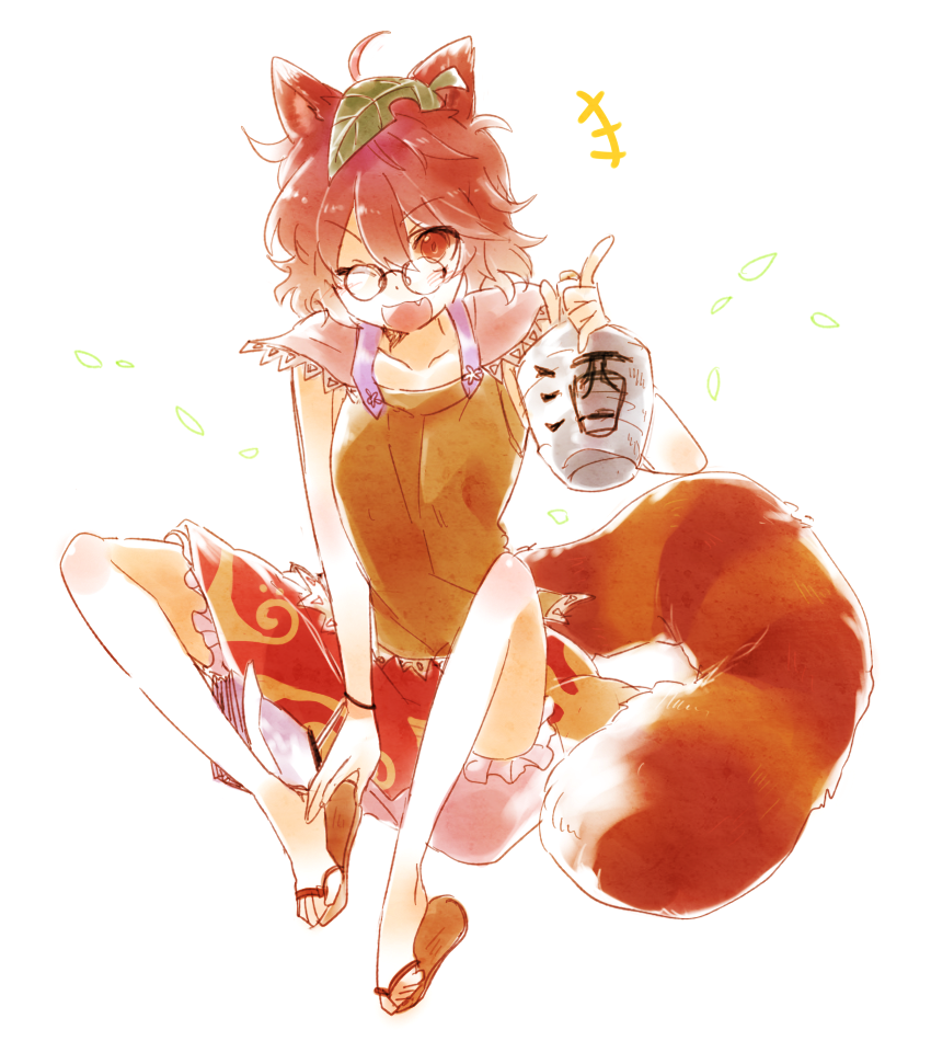 1girl ;d animal_ears bloomers brown_eyes brown_hair fang futatsuiwa_mamizou glasses gourd index_finger_raised leaf leaf_on_head open_mouth pince-nez raccoon_ears raccoon_tail sitting six_(fnrptal1010) smile tail touhou underwear wink