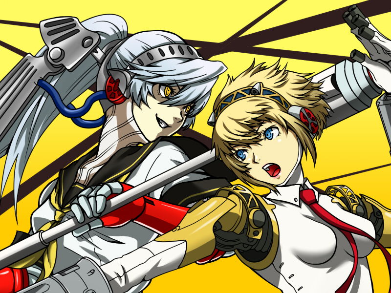 2girls aegis android blonde_hair grin headgear kamui_sathi labrys multiple_girls open_mouth persona persona_4 persona_4:_the_ultimate_in_mayonaka_arena ponytail school_uniform serafuku silver_hair smile yellow_eyes