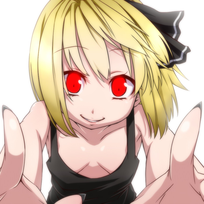 1girl anime_coloring bare_shoulders blonde_hair bust down_blouse grin looking_at_viewer reaching_out red_eyes rumia short_hair side_ponytail small_breasts smile solo tori_(minamopa) touhou