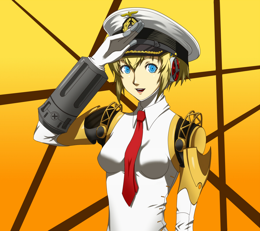 1girl aegis android blonde_hair blue_eyes hat kamui_sathi necktie peaked_cap persona persona_3 salute short_hair smile solo