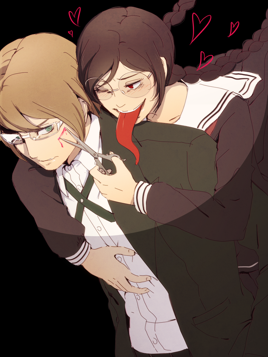 1boy 1girl blonde_hair blood blue_eyes blush braid brown_hair dangan_ronpa fukawa_touko genocider_shou glasses heart highres long_hair long_tongue mushisotisis necktie red_eyes school_uniform scissors serafuku short_hair spoilers togami_byakuya tongue tongue_out twin_braids wink