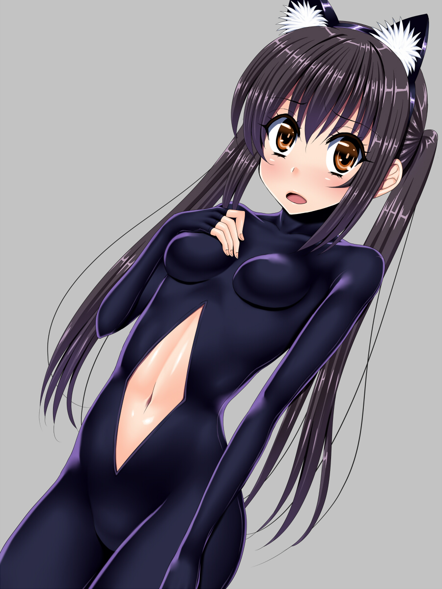 1girl animal_ears anzu_(onelelee) black_hair bodysuit brown_eyes cat_ears highres impossible_clothes k-on! long_hair nakano_azusa navel_cutout solo twintails