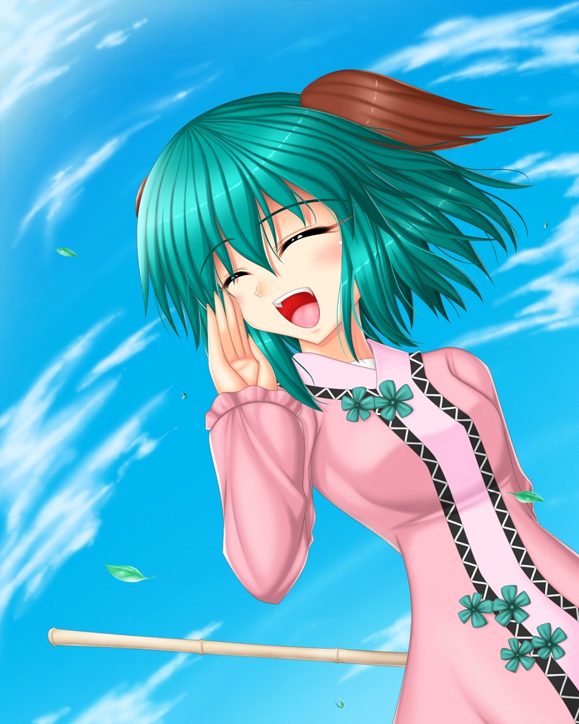 1girl animal_ears bamboo_broom blue_sky blush broom closed_eyes clouds cloudy_sky green_hair izumo-ss-yoshitunedenn kasodani_kyouko open_mouth short_hair sky solo touhou