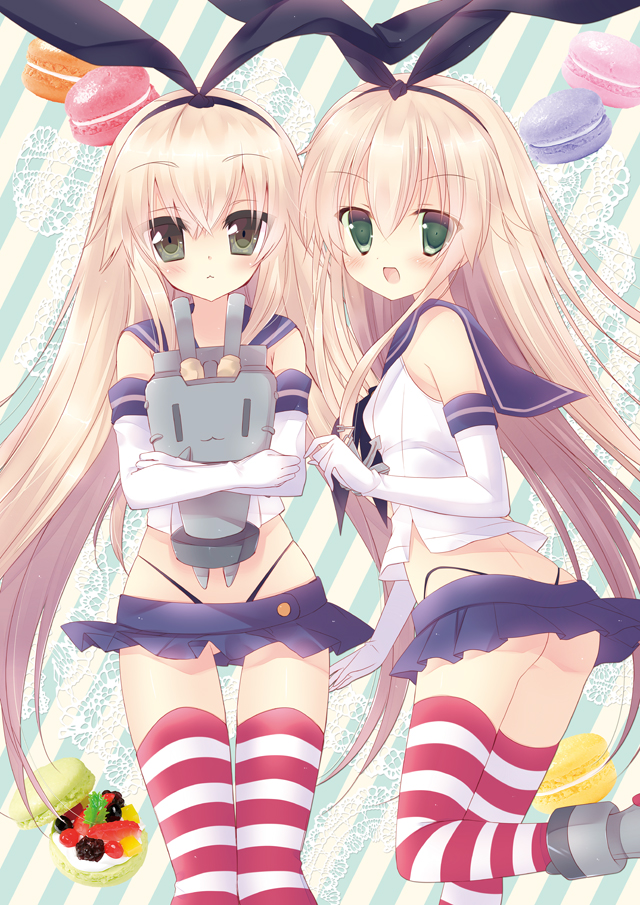 2girls :3 anchor blonde_hair blush carrying dual_persona elbow_gloves gloves green_eyes hairband kantai_collection long_hair looking_at_viewer macaron multiple_girls open_mouth personification rensouhou-chan shimakaze_(kantai_collection) skirt striped striped_legwear sumii thigh-highs white_gloves