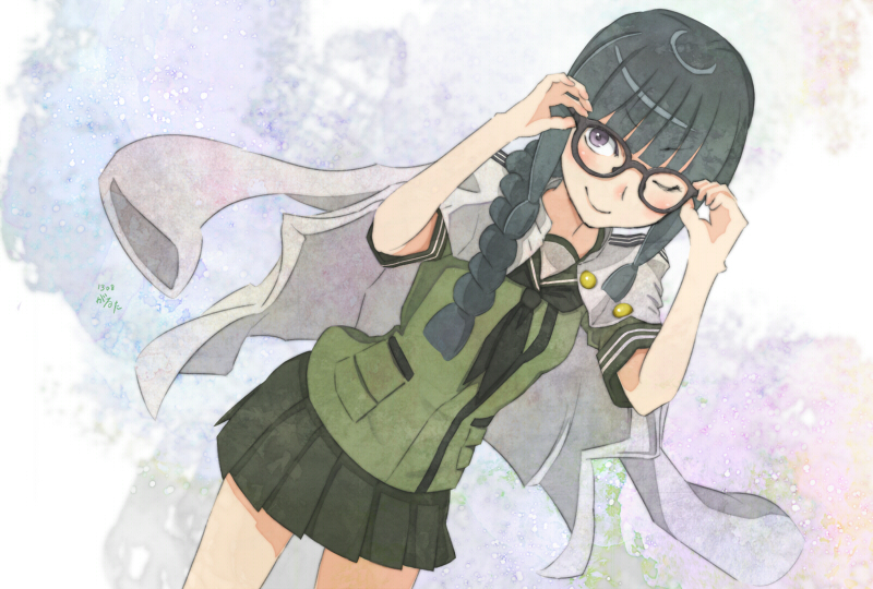 1girl adjusting_glasses bespectacled black-framed_glasses black_hair blush braid garutaisa glasses jacket_on_shoulders kantai_collection kitakami_(kantai_collection) long_hair payot personification school_uniform serafuku smile solo violet_eyes wink