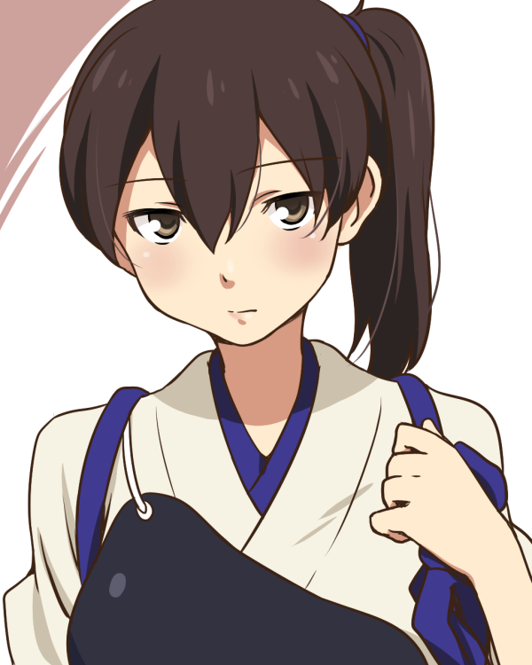 1girl brown_eyes brown_hair ikari_manatsu japanese_clothes kaga_(kantai_collection) kantai_collection looking_at_viewer muneate personification ponytail portrait short_hair solo