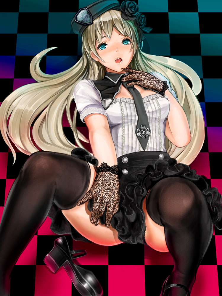 1girl aqua_eyes between_thighs black_gloves black_legwear blonde_hair checkered checkered_floor dendoumushi flower gloves hair_flower hair_ornament hat knees_up lace_gloves long_hair looking_at_viewer lying necktie on_back open_mouth original single_shoe solo thighhighs tongue tongue_out