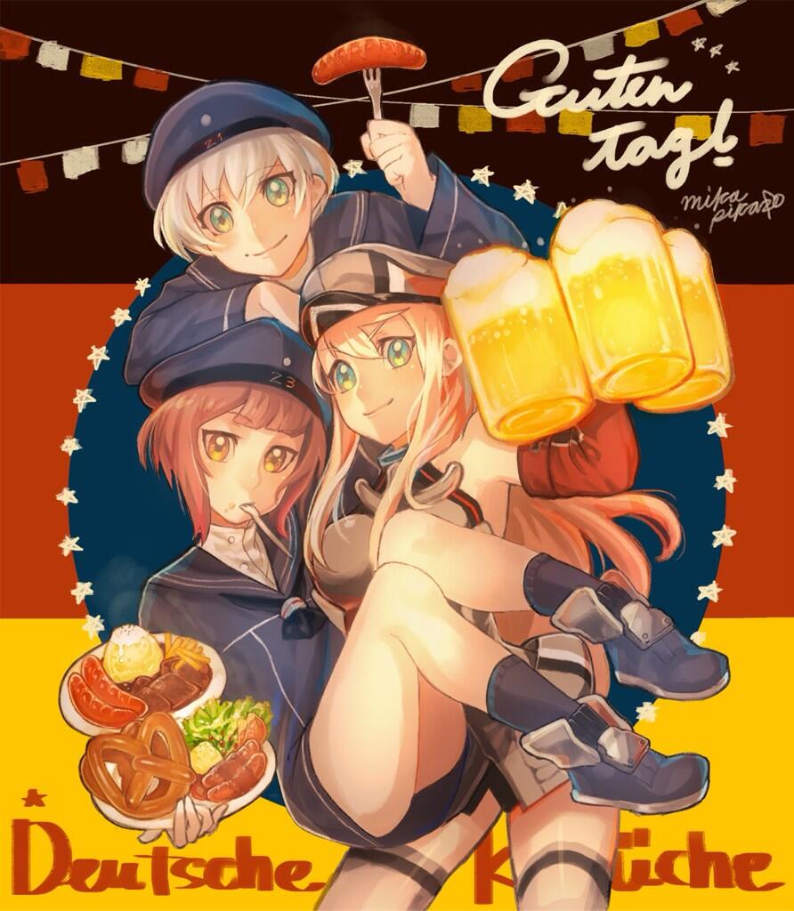 3girls alcohol beer bismarck_(kantai_collection) blonde_hair eating fork french_fries german green_eyes hat hot_dog kantai_collection long_hair long_sleeves mika_pika_zo military military_cap military_hat military_uniform multiple_girls personification plate pretzel redhead short_hair silver_hair translated uniform yellow_eyes z1_leberecht_maass_(kantai_collection) z3_max_schultz_(kantai_collection)