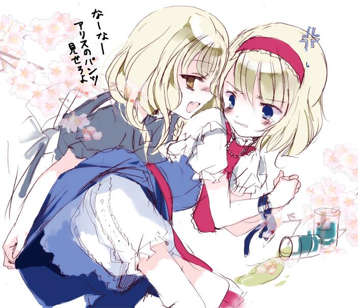 2girls alice_margatroid blonde_hair bloomers blue_eyes blush braid brown_eyes capelet cherry_blossoms cierra_(ra-bit) colored cup dress dress_lift fang flower hairband kirisame_marisa lolita_hairband long_hair looking_at_another multiple_girls necktie open_mouth profile puffy_sleeves sash short_hair short_sleeves side_braid simple_background single_braid sketch smile sweatdrop teacup tears text touhou underwear white_background yuri