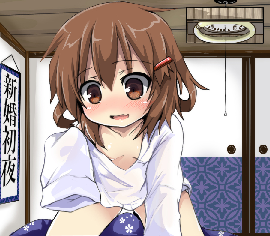 1girl blush brown_eyes brown_hair collarbone hair_ornament hairclip ikazuchi_(kantai_collection) kantai_collection long_sleeves open_mouth oshiruko_(uminekotei) personification shirt short_hair sliding_doors solo tagme translation_request