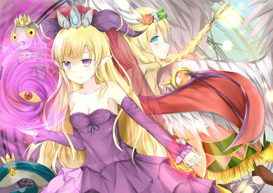 2girls aqua_eyes back-to-back bare_shoulders bird blonde_hair braid detached_sleeves dress freyja_(p&amp;d) hairband horns lilith_(p&amp;d) long_hair looking_at_viewer multiple_girls owl pointy_ears purple_dress puzzle_&amp;_dragons single_braid smile strapless_dress tailam violet_eyes wings