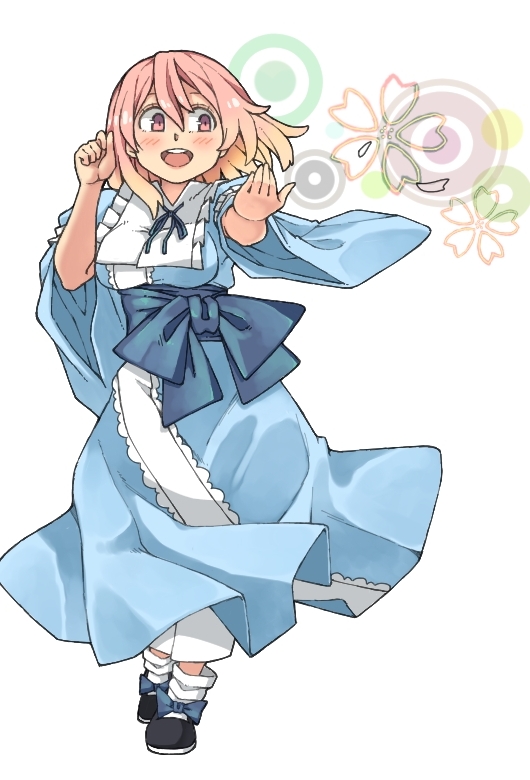 1girl anarogumaaa blue_dress blush dress long_sleeves no_hat open_mouth pink_eyes pink_hair saigyouji_yuyuko sash smile solo touhou wide_sleeves