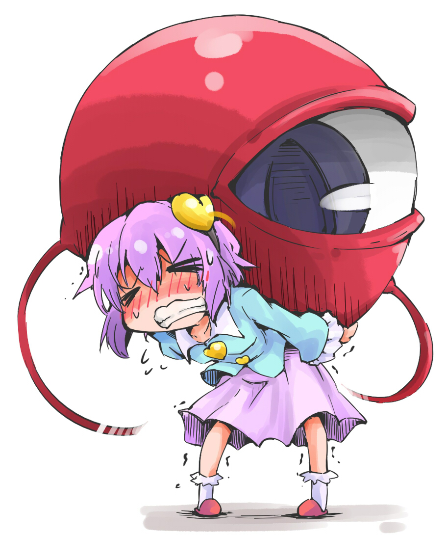 &gt;_&lt; 1girl blush carrying clenched_teeth closed_eyes flying_sweatdrops heart komeiji_satori long_sleeves pink_hair shinapuu shirt simple_background skirt slippers solo sweat third_eye touhou trembling white_background wide_sleeves