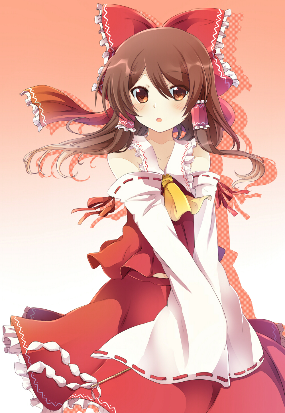 1girl ascot bare_shoulders blush bow brown_eyes brown_hair detached_sleeves gohei gradient gradient_background hair_bow hair_tubes hakurei_reimu highres long_sleeves looking_at_viewer open_mouth rento_(rukeai) shirt skirt skirt_set solo touhou v_arms wide_sleeves