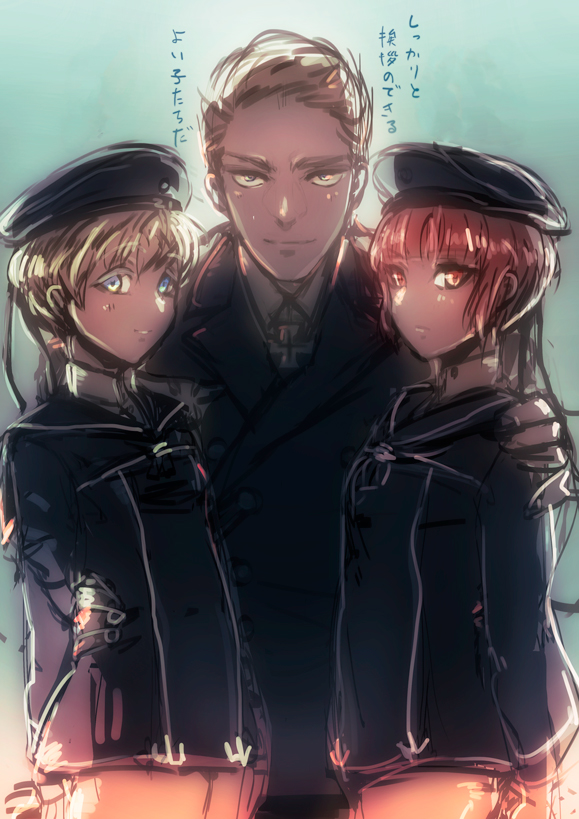 1boy 2girls axis_powers_hetalia blonde_hair blue_eyes brown_hair crossover germany_(hetalia) girl_sandwich hat iron_cross kantai_collection multiple_girls sandwiched sketch z1_leberecht_maass_(kantai_collection) z3_max_schultz_(kantai_collection)