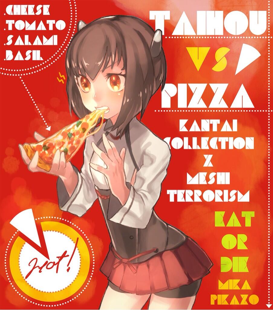 1girl brown_hair eating food hair_ornament kantai_collection long_sleeves mika_pika_zo orange_eyes personification pizza short_hair skirt solo taihou_(kantai_collection)