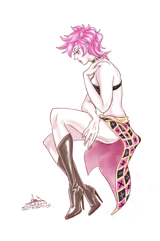 1girl boots high_heels jojo_no_kimyou_na_bouken midriff pink_hair shibashikun_to_yobibe short_hair signature skirt solo trish_una