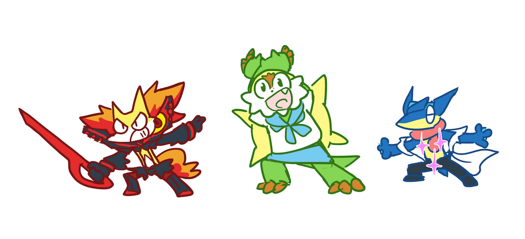 chesnaught delphox greninja kill_la_kill mankanshoku_mako_(cosplay) matoi_ryuuko_(cosplay) mikisugi_aikurou_(cosplay) plainwhite pokemon pokemon_(creature) pokemon_(game) pokemon_xy