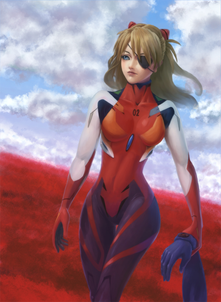 1girl blue_eyes bodysuit brown_hair clouds cloudy_sky evangelion:_2.0_you_can_(not)_advance eyepatch lips long_hair minari_(miserariman) neon_genesis_evangelion out_of_frame plugsuit rebuild_of_evangelion sea_of_blood shikinami_asuka_langley sky solo_focus souryuu_asuka_langley wrist_grab