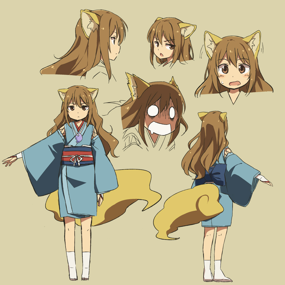 1girl animal_ears blue_dress brown_eyes brown_hair character_request detached_sleeves dress drooling ears_up fox_ears fox_tail grey_background hands_in_sleeves japanese_clothes jewelry kimono long_hair long_sleeves looking_at_viewer necklace o_o obi open_mouth outstretched_arm pendant sash shikihime_zoushi simple_background solo tail wide_sleeves yudepii