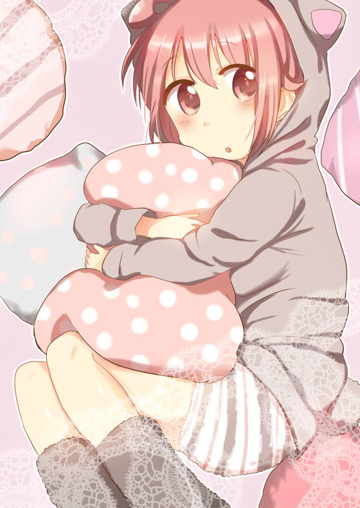 1girl :o animal_hood blush hood hoodie lace long_sleeves nonohara_yuzuko object_hug open_mouth outline pillow pink_eyes pink_hair purple_background shirt solo tatsunokosso yuyushiki