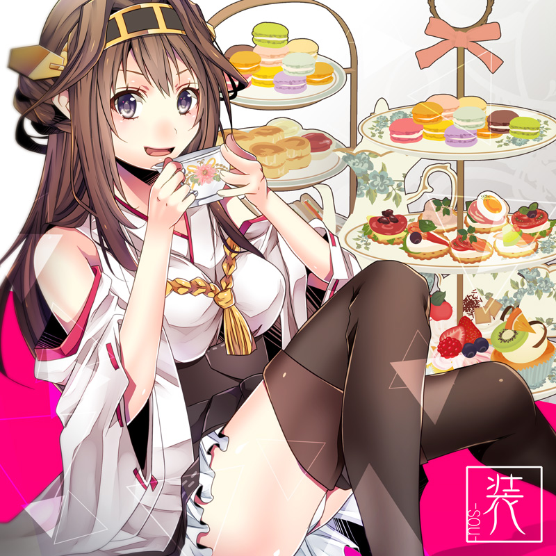 1girl ahoge bare_shoulders brown_hair cup detached_sleeves double_bun hair_ornament hairband japanese_clothes kantai_collection kongou_(kantai_collection) long_hair macaron open_mouth pasties pastry personification shiomizu_(swat) skirt teacup thigh-highs