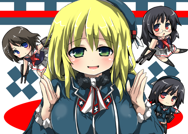 4girls atago_(kantai_collection) black_hair blonde_hair blue_eyes breast_squeeze breasts brown_hair chibi choukai_(kantai_collection) glasses green_eyes hair_ornament hairclip hat kantai_collection large_breasts looking_at_viewer machinery maya_(kantai_collection) multiple_girls open_mouth oshiruko_(uminekotei) red_eyes takao_(kantai_collection) turret